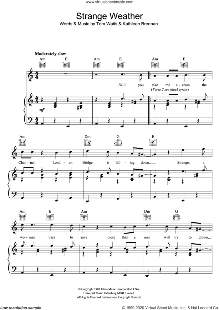 Strange Weather sheet music for voice, piano or guitar by Tom Waits and Kathleen Brennan, intermediate skill level