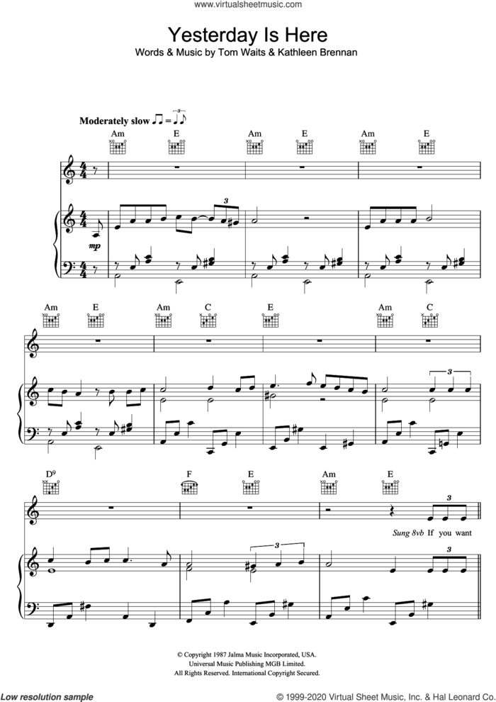 Yesterday Is Here sheet music for voice, piano or guitar by Tom Waits and Kathleen Brennan, intermediate skill level