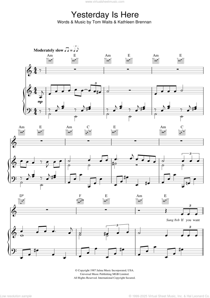 Yesterday Is Here sheet music for voice, piano or guitar by Tom Waits and Kathleen Brennan, intermediate skill level