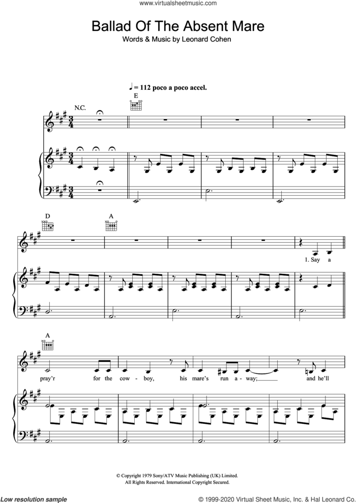 Ballad Of The Absent Mare sheet music for voice, piano or guitar by Leonard Cohen, intermediate skill level