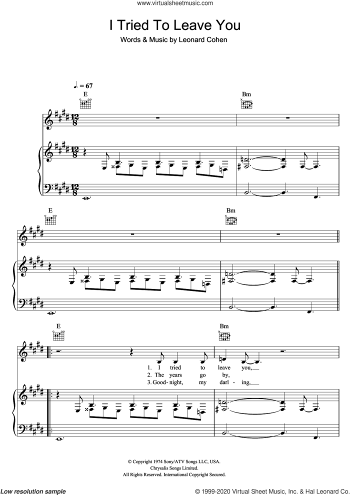 I Tried To Leave You sheet music for voice, piano or guitar by Leonard Cohen, intermediate skill level