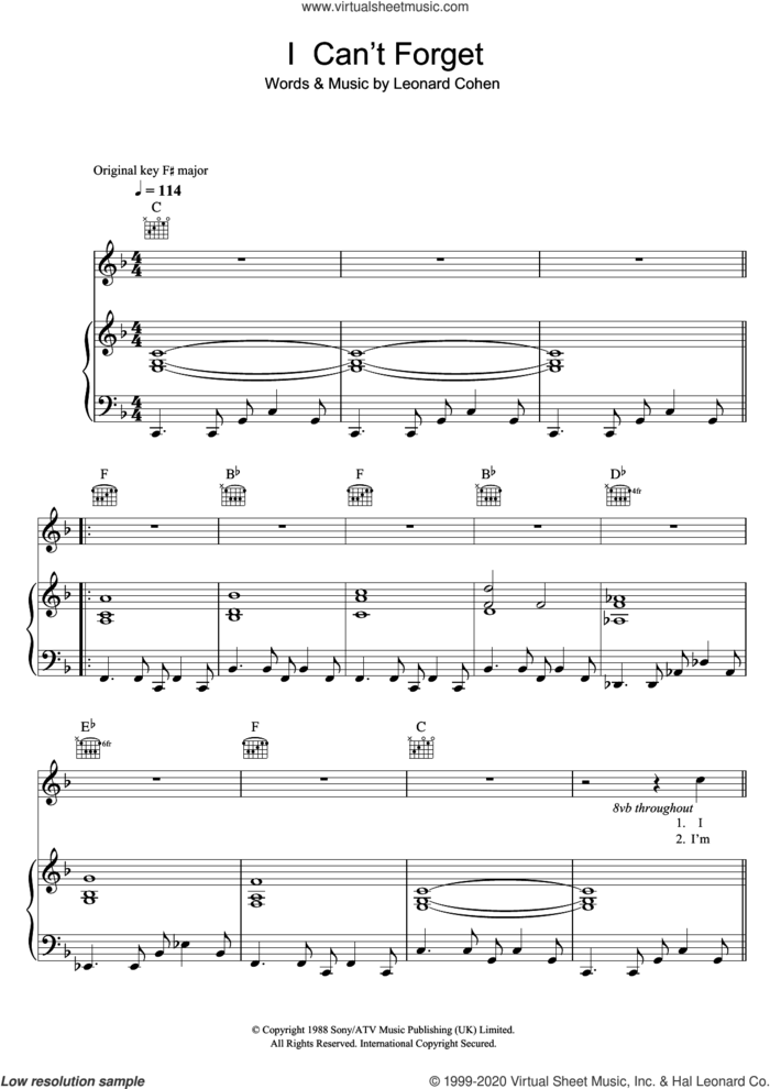 I Can't Forget sheet music for voice, piano or guitar by Leonard Cohen, intermediate skill level