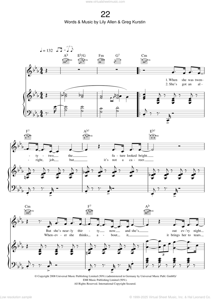 22 sheet music for voice, piano or guitar by Lily Allen and Greg Kurstin, intermediate skill level