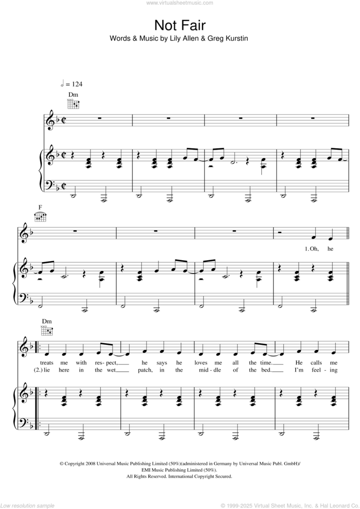 Not Fair sheet music for voice, piano or guitar by Lily Allen and Greg Kurstin, intermediate skill level