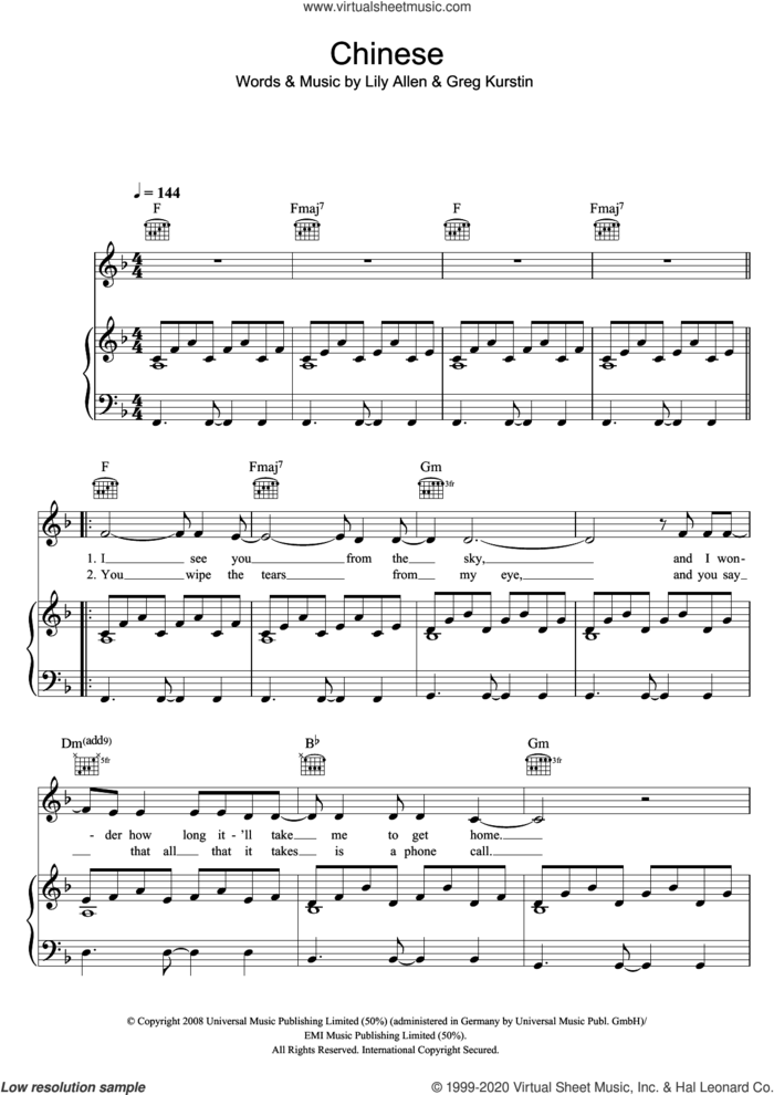 Chinese sheet music for voice, piano or guitar by Lily Allen and Greg Kurstin, intermediate skill level