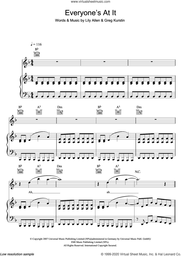 Everyone's At It sheet music for voice, piano or guitar by Lily Allen and Greg Kurstin, intermediate skill level