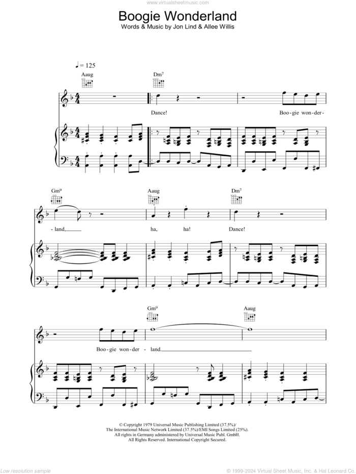 Boogie Wonderland sheet music for voice, piano or guitar by Earth, Wind & Fire, Allee Willis and Jon Lind, intermediate skill level