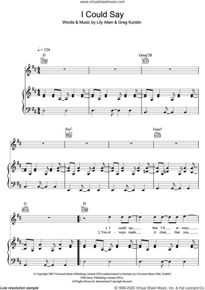 I Could Say sheet music for voice, piano or guitar by Lily Allen and Greg Kurstin, intermediate skill level