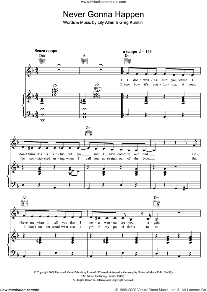 Never Gonna Happen sheet music for voice, piano or guitar by Lily Allen and Greg Kurstin, intermediate skill level