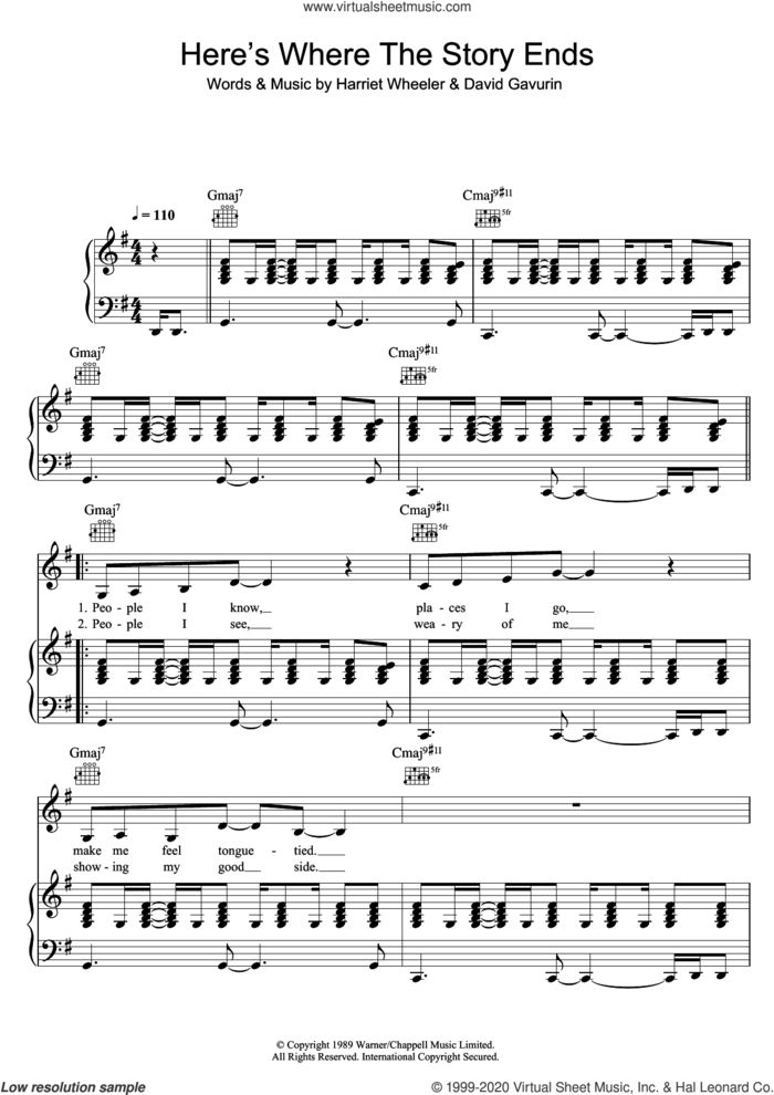 Here's Where The Story Ends sheet music for voice, piano or guitar by The Sundays, David Gavurin and Harriet Wheeler, intermediate skill level
