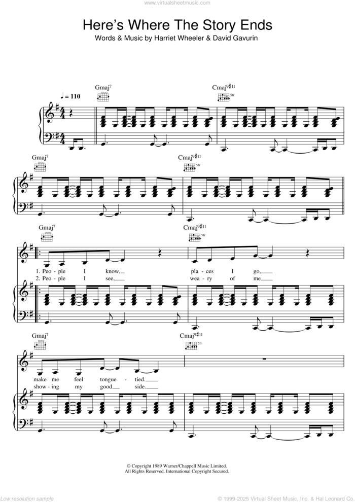 Here's Where The Story Ends sheet music for voice, piano or guitar by The Sundays, David Gavurin and Harriet Wheeler, intermediate skill level