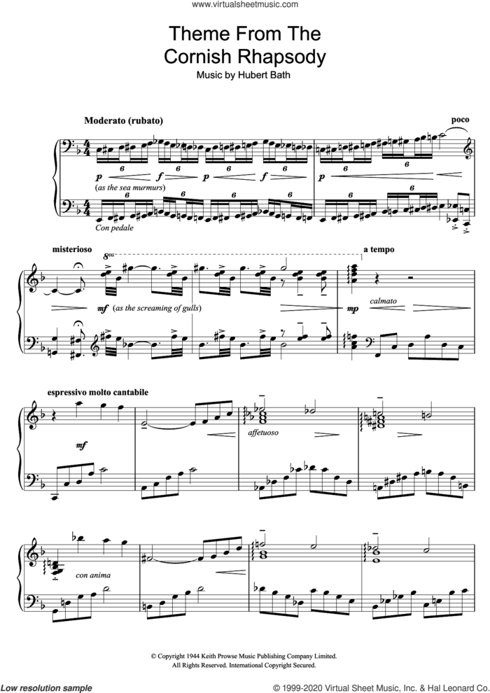 Cornish Rhapsody sheet music for piano solo by Liberace and Hubert Bath, classical score, intermediate skill level