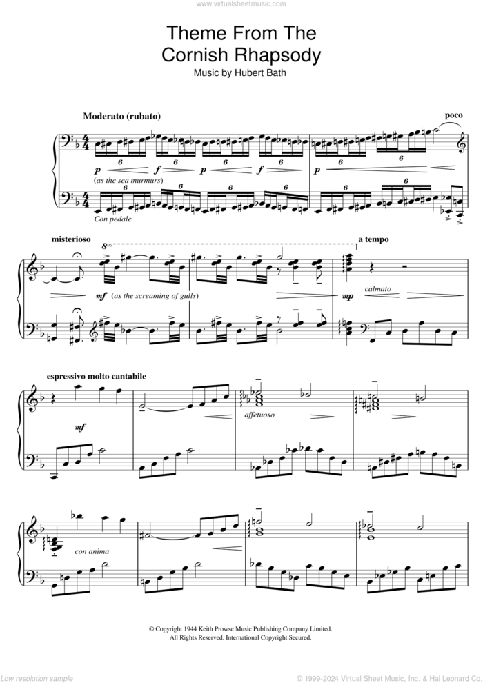 Cornish Rhapsody sheet music for piano solo by Liberace and Hubert Bath, classical score, intermediate skill level