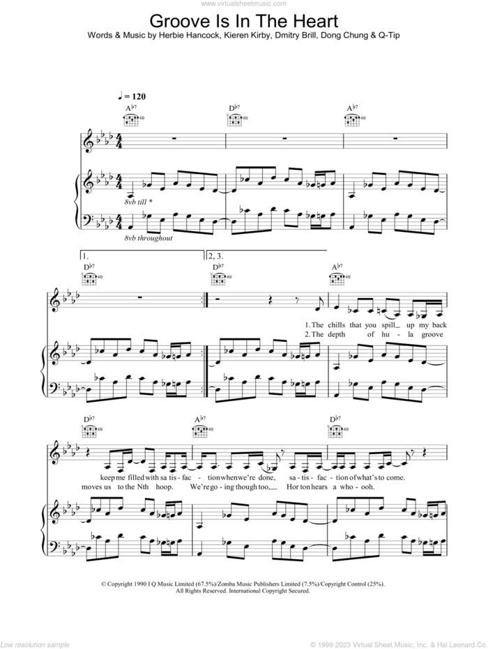 Groove Is In The Heart sheet music for voice, piano or guitar by Deee-Lite, Dmitry Brill, Dong Chung, Herbie Hancock, Kieren Kirby and Q-Tip, intermediate skill level