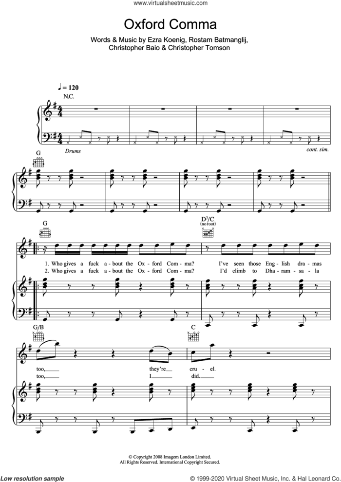 Oxford Comma sheet music for voice, piano or guitar by Vampire Weekend, Christopher Baio, Christopher Tomson, Ezra Koenig and Rostam Batmanglij, intermediate skill level