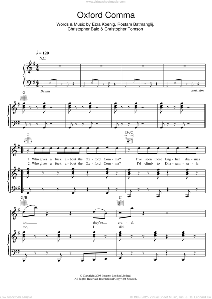 Oxford Comma sheet music for voice, piano or guitar by Vampire Weekend, Christopher Baio, Christopher Tomson, Ezra Koenig and Rostam Batmanglij, intermediate skill level