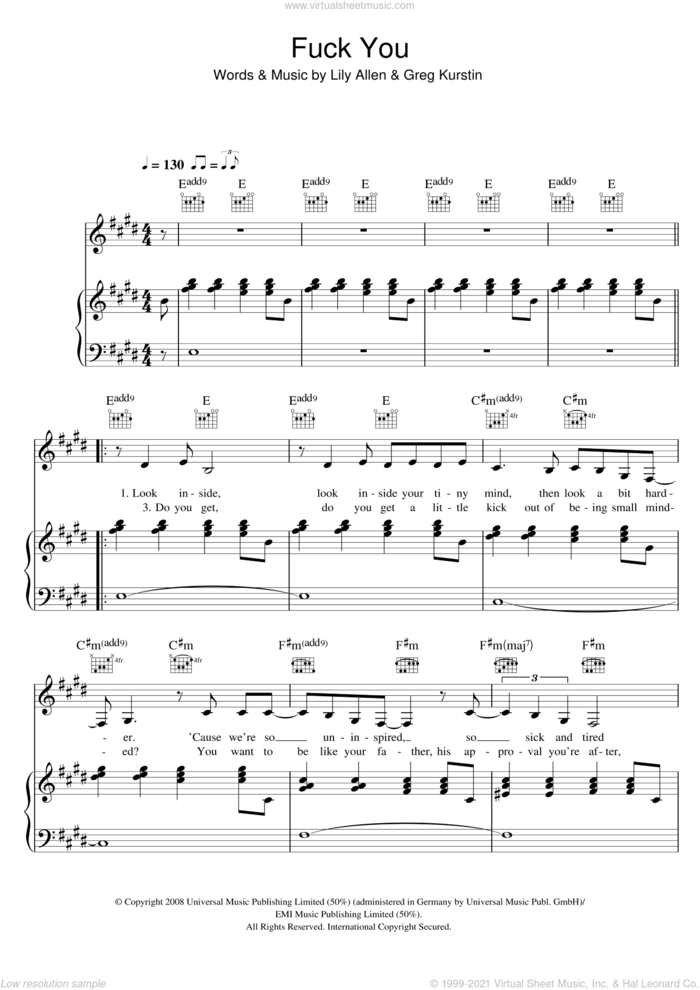 Fuck You sheet music for voice, piano or guitar by Lily Allen and Greg Kurstin, intermediate skill level