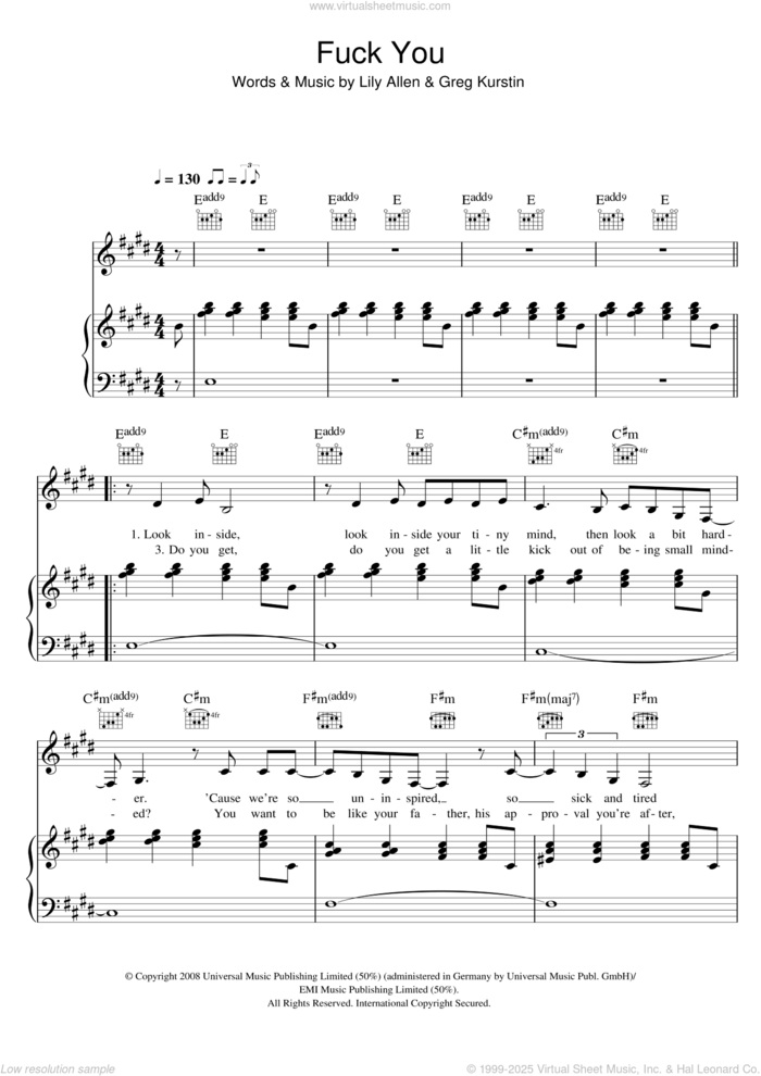 Fuck You sheet music for voice, piano or guitar by Lily Allen and Greg Kurstin, intermediate skill level