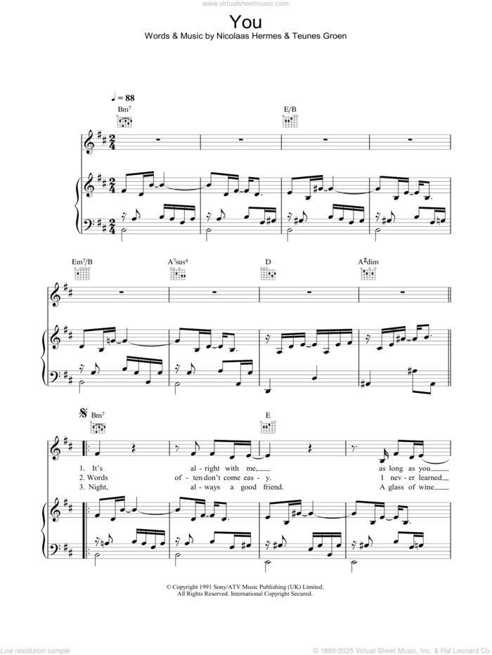 You sheet music for voice, piano or guitar by Ten Sharp, Nicolaas Hermes and Teunes Groen, intermediate skill level