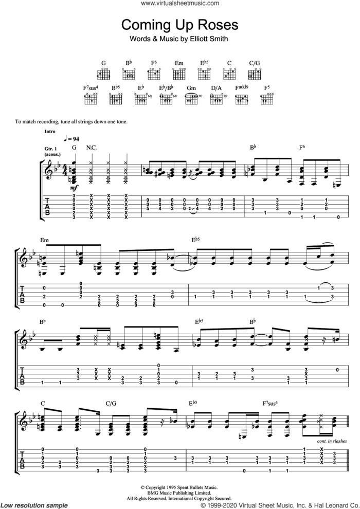Coming Up Roses sheet music for guitar (tablature) by Elliott Smith, intermediate skill level