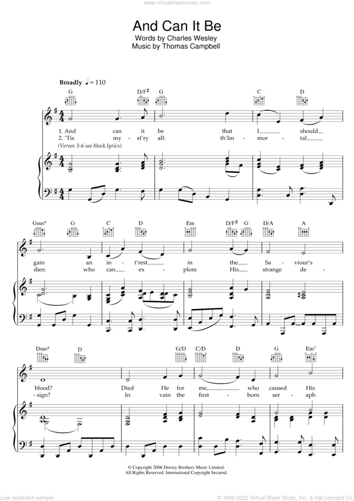 And Can It Be sheet music for voice, piano or guitar by Charles Wesley, Miscellaneous and Thomas Campbell, classical score, intermediate skill level
