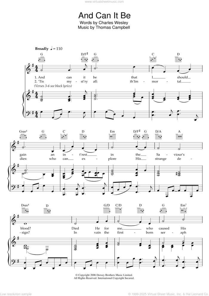 And Can It Be sheet music for voice, piano or guitar by Charles Wesley, Miscellaneous and Thomas Campbell, classical score, intermediate skill level