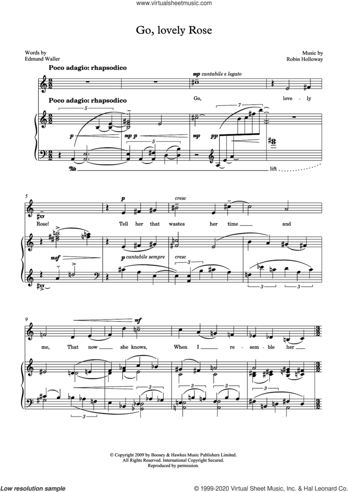 Go, lovely Rose (for mezzo-soprano and piano) sheet music for voice and piano by Robin Holloway and Edmund Waller, classical score, intermediate skill level
