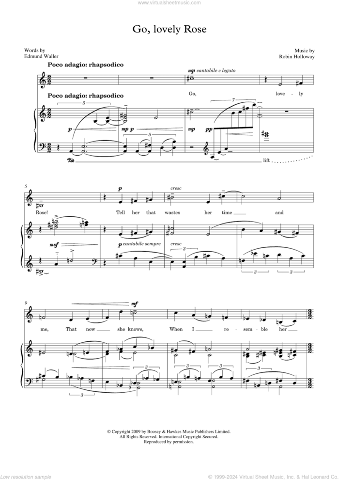 Go, lovely Rose (for mezzo-soprano and piano) sheet music for voice and piano by Robin Holloway and Edmund Waller, classical score, intermediate skill level