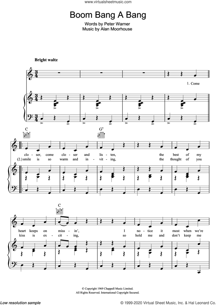 Boom Bang A Bang sheet music for voice, piano or guitar by Lulu, Alan Moorhouse and Peter Warner, intermediate skill level