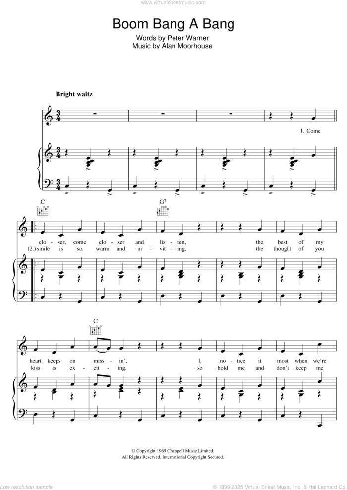 Boom Bang A Bang sheet music for voice, piano or guitar by Lulu, Alan Moorhouse and Peter Warner, intermediate skill level