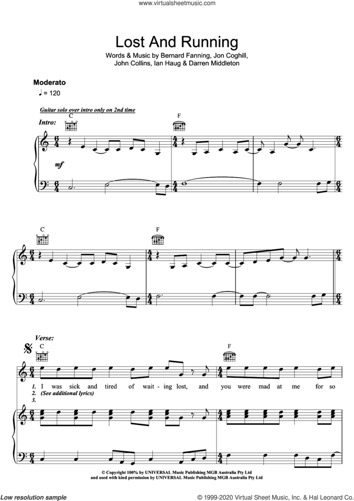 Lost And Running sheet music for voice, piano or guitar by Powderfinger, Bernard Fanning, Darren Middleton, Ian Haug, John Collins and Jon Coghill, intermediate skill level