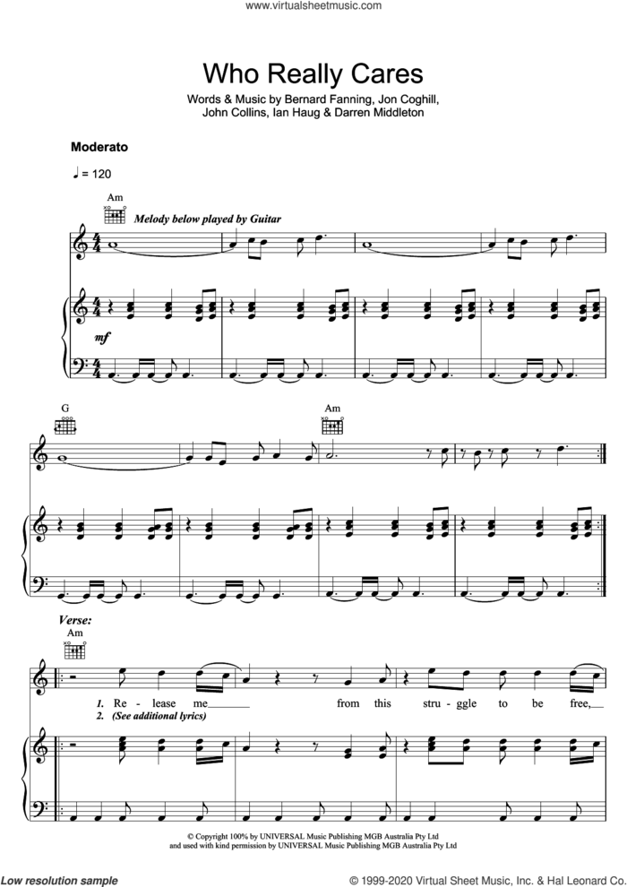 Who Really Cares sheet music for voice, piano or guitar by Powderfinger, Bernard Fanning, Darren Middleton, Ian Haug, John Collins and Jon Coghill, intermediate skill level