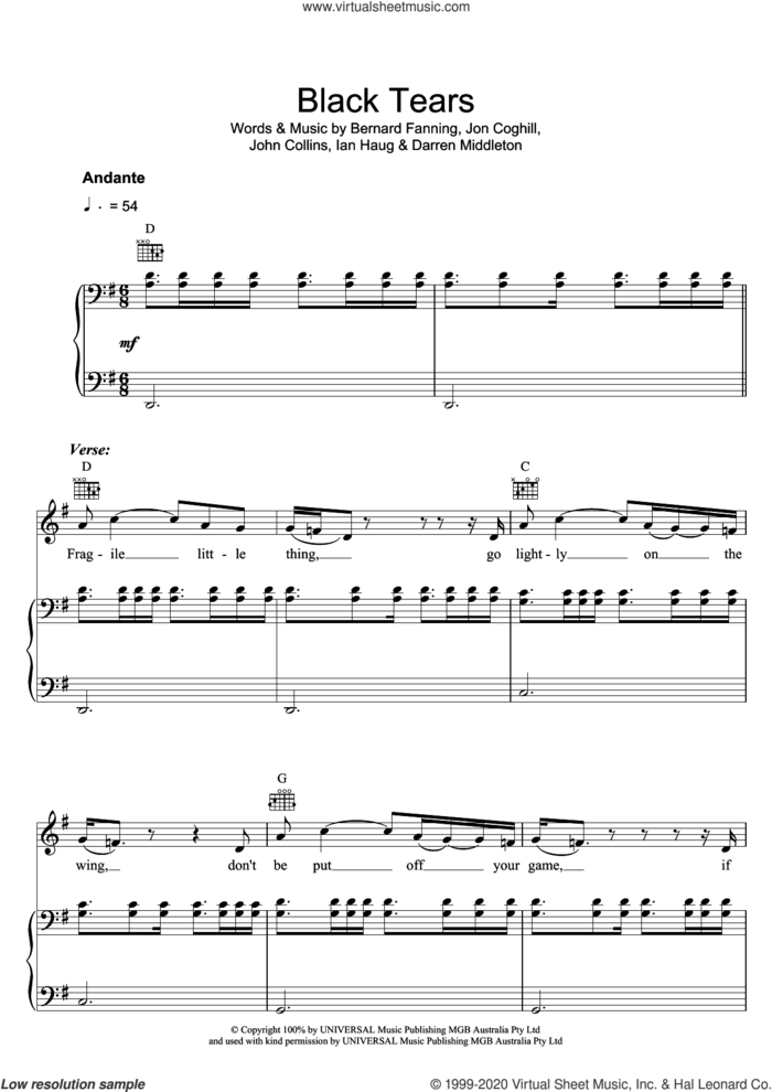 Black Tears sheet music for voice, piano or guitar by Powderfinger, Bernard Fanning, Darren Middleton, Ian Haug, John Collins and Jon Coghill, intermediate skill level