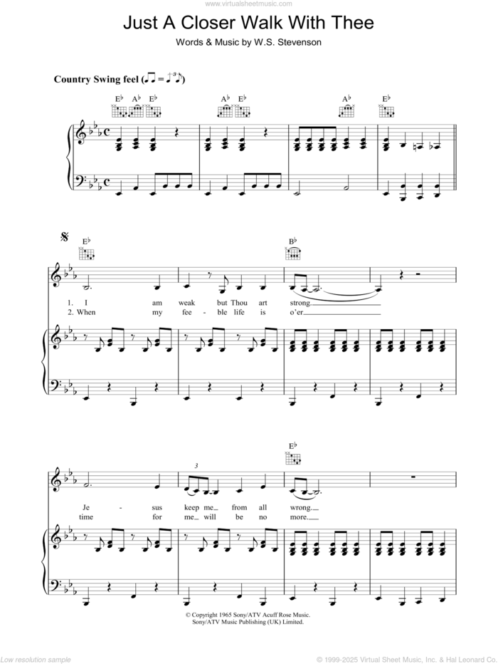 Just A Closer Walk With Thee sheet music for voice, piano or guitar by Patsy Cline and William Stevenson, intermediate skill level