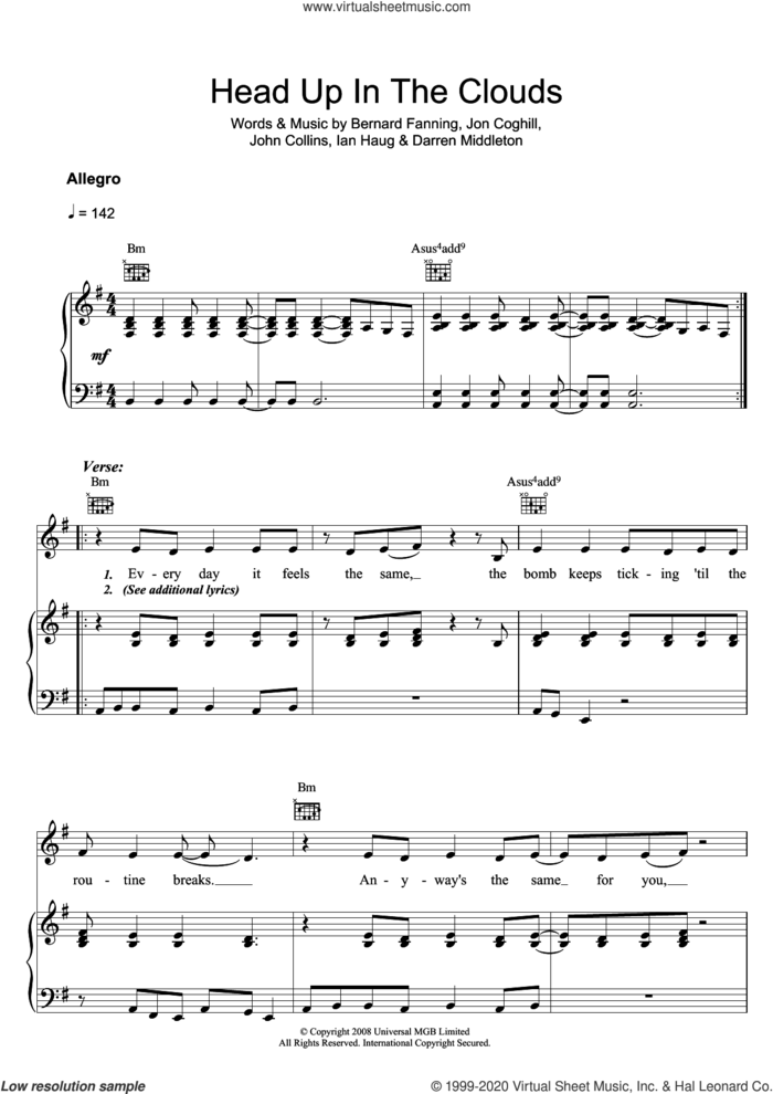 Head Up In The Clouds sheet music for voice, piano or guitar by Powderfinger, Bernard Fanning, Darren Middleton, Ian Haug, John Collins and Jon Coghill, intermediate skill level