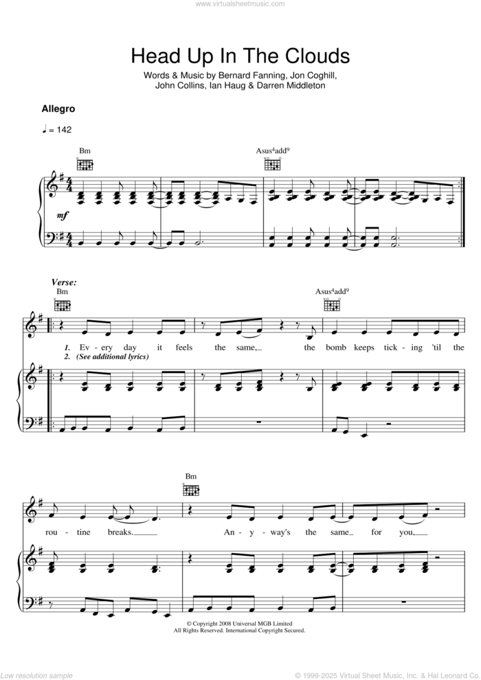 Head Up In The Clouds sheet music for voice, piano or guitar by Powderfinger, Bernard Fanning, Darren Middleton, Ian Haug, John Collins and Jon Coghill, intermediate skill level