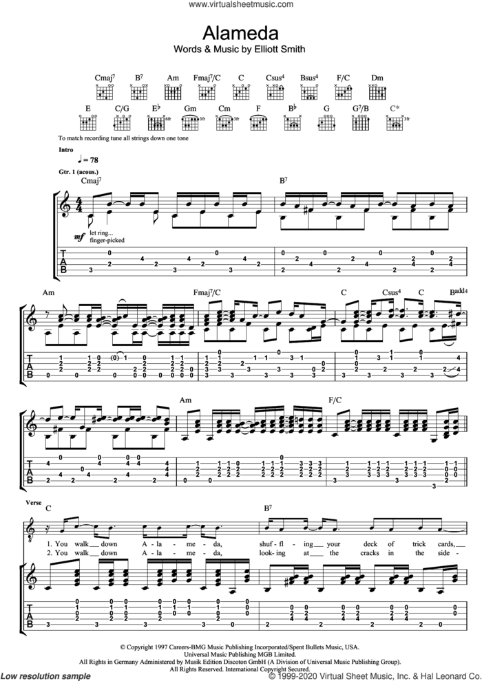Alameda sheet music for guitar (tablature) by Elliott Smith, intermediate skill level