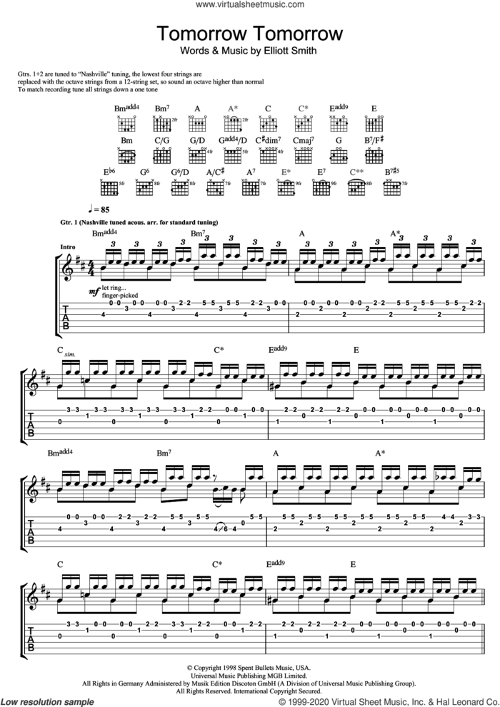 Tomorrow Tomorrow sheet music for guitar (tablature) by Elliott Smith, intermediate skill level