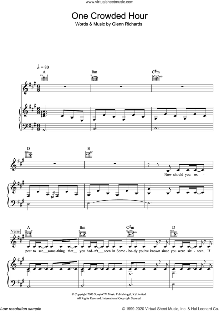 One Crowded Hour sheet music for voice, piano or guitar by Augie March and Glenn Richards, intermediate skill level
