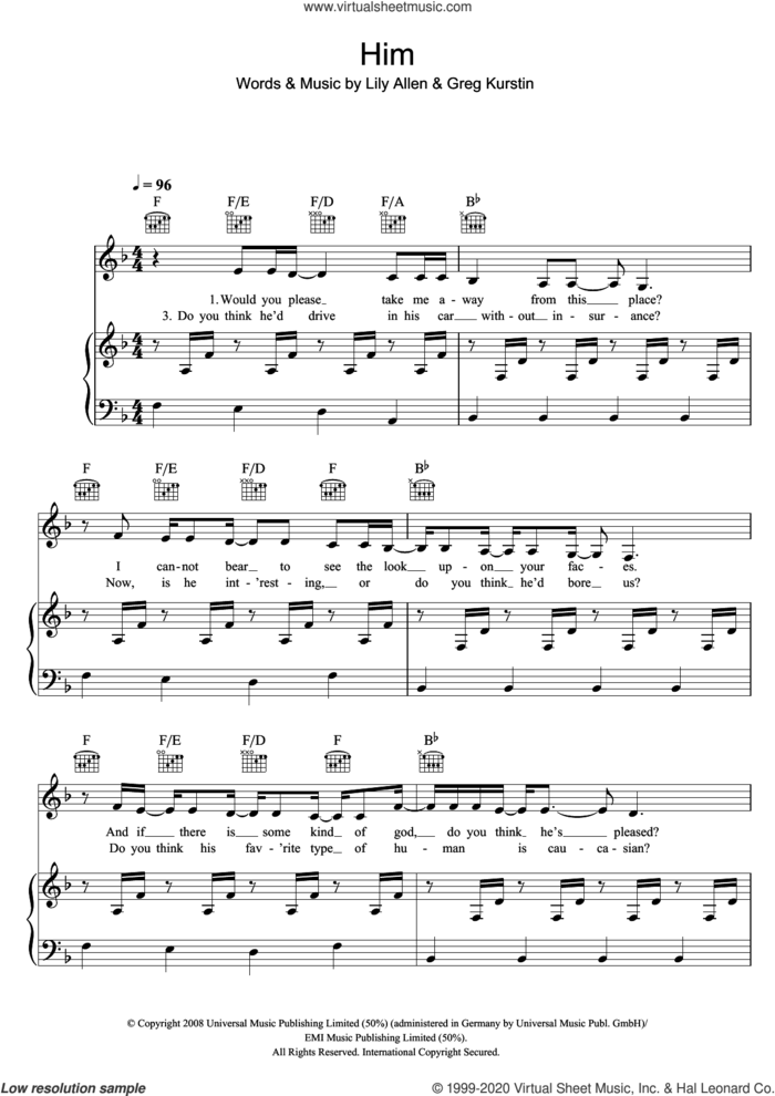 Him sheet music for voice, piano or guitar by Lily Allen and Greg Kurstin, intermediate skill level