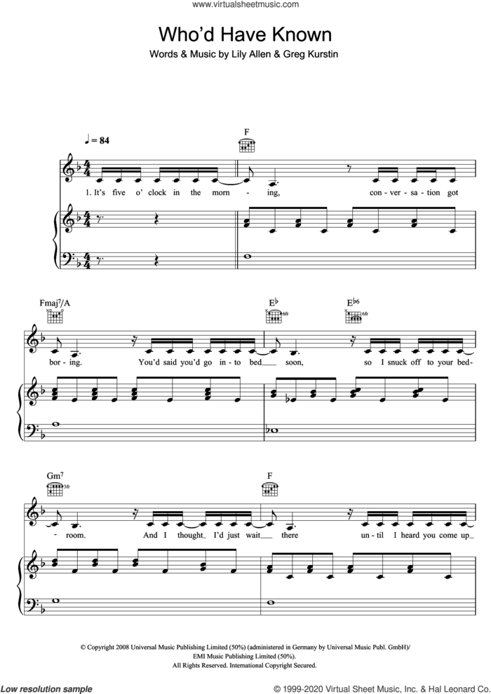 Who'd Have Known sheet music for voice, piano or guitar by Lily Allen and Greg Kurstin, intermediate skill level