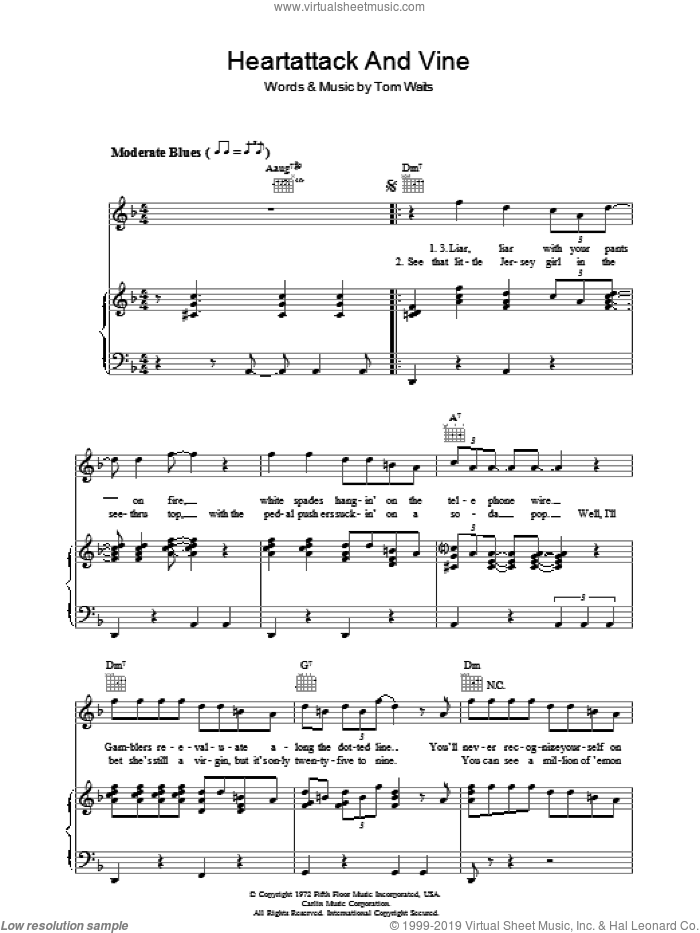 Heartattack And Vine sheet music for voice, piano or guitar by Tom Waits, intermediate skill level