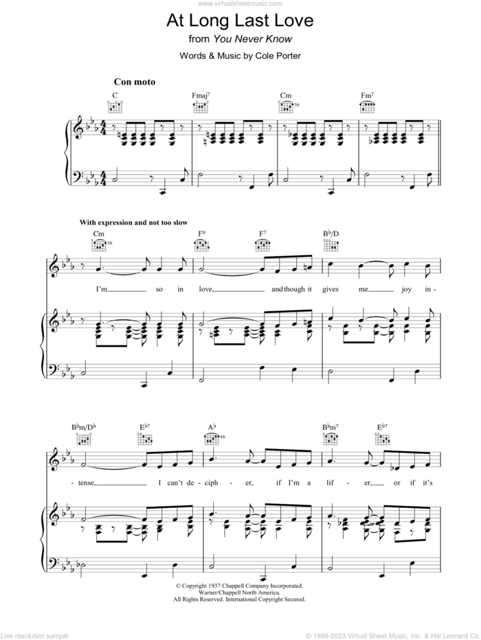 At Long Last Love sheet music for voice, piano or guitar by Cole Porter, intermediate skill level
