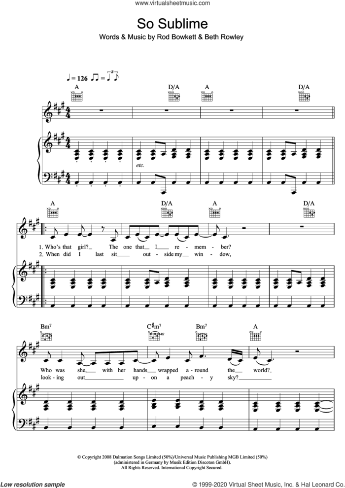 So Sublime sheet music for voice, piano or guitar by Beth Rowley and Rod Bowkett, intermediate skill level