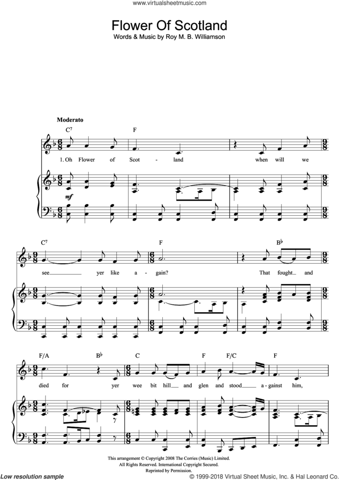 Flower Of Scotland (Unofficial Scottish National Anthem) sheet music for voice, piano or guitar by Roy M. B. Williamson, intermediate skill level