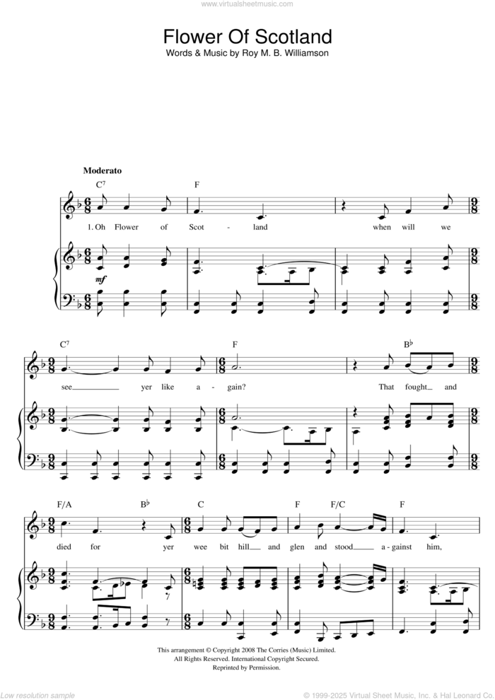 Flower Of Scotland (Unofficial Scottish National Anthem) sheet music for voice, piano or guitar by Roy M. B. Williamson, intermediate skill level