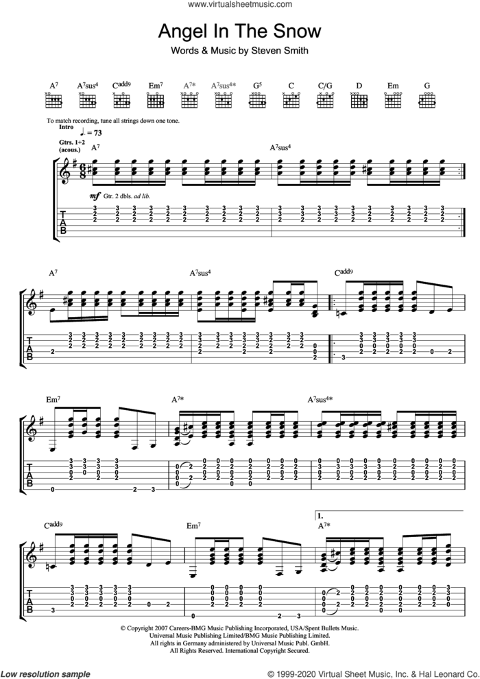 Angel In The Snow sheet music for guitar (tablature) by Elliott Smith and Steven Smith, intermediate skill level