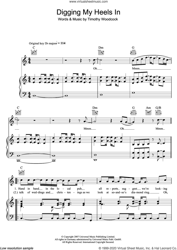 Digging My Heels In sheet music for voice, piano or guitar by Tim Daniel and Tim Woodcock, intermediate skill level