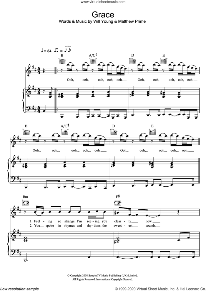 Grace sheet music for voice, piano or guitar by Will Young and Matthew Prime, intermediate skill level
