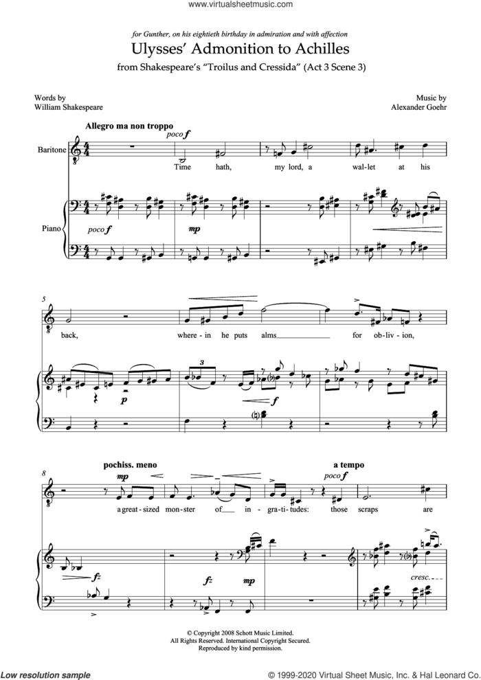 Ulysses' Admonition to Achilles (for baritone and piano) sheet music for voice and piano by Alexander Goehr and William Shakespeare, classical score, intermediate skill level